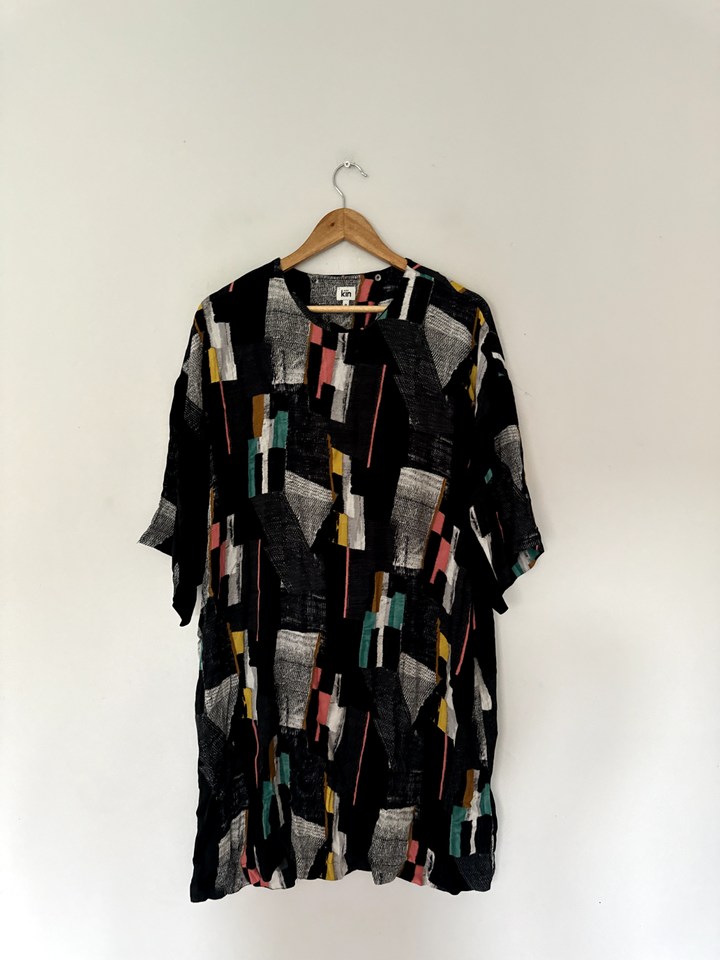 Kin John Lewis Dress Medium Black Abstract Geometric Smock Tunic Arty