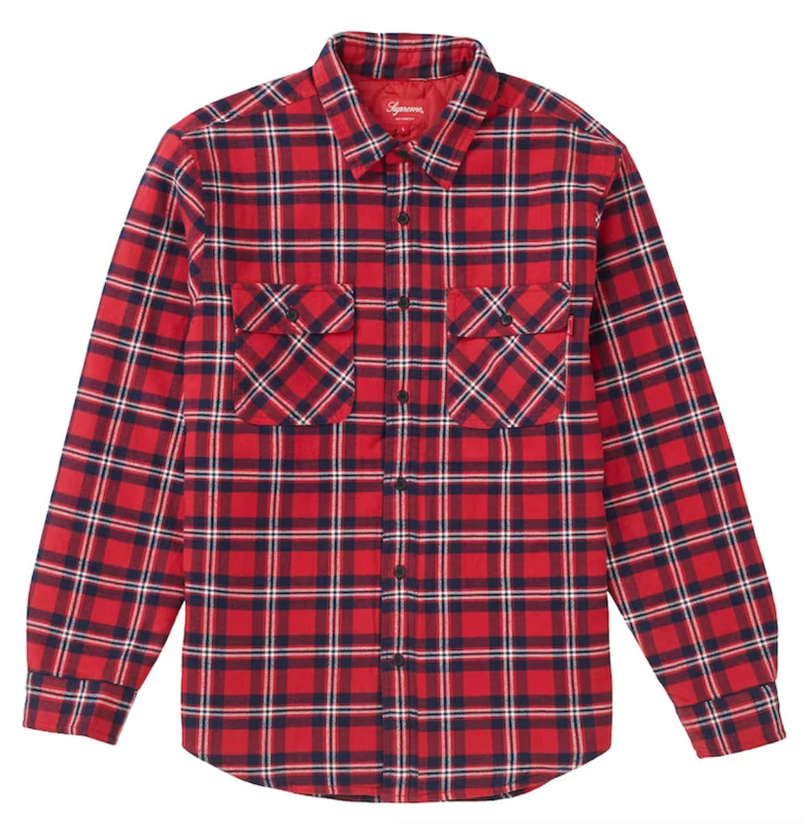 FW19 SUPREME ARC LOGO QUILTED FLANNEL BUTTON UP SHIRT RED SZ FW19 SUPREME ARC LOGO QUILTED FLANNEL BUTTON UP SHIRT RED SZ
