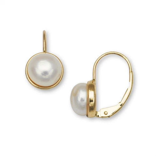 14K Yellow & White Gold White Button Freshwater Cultured Pearl Leverback Earring - Picture 1 of 1