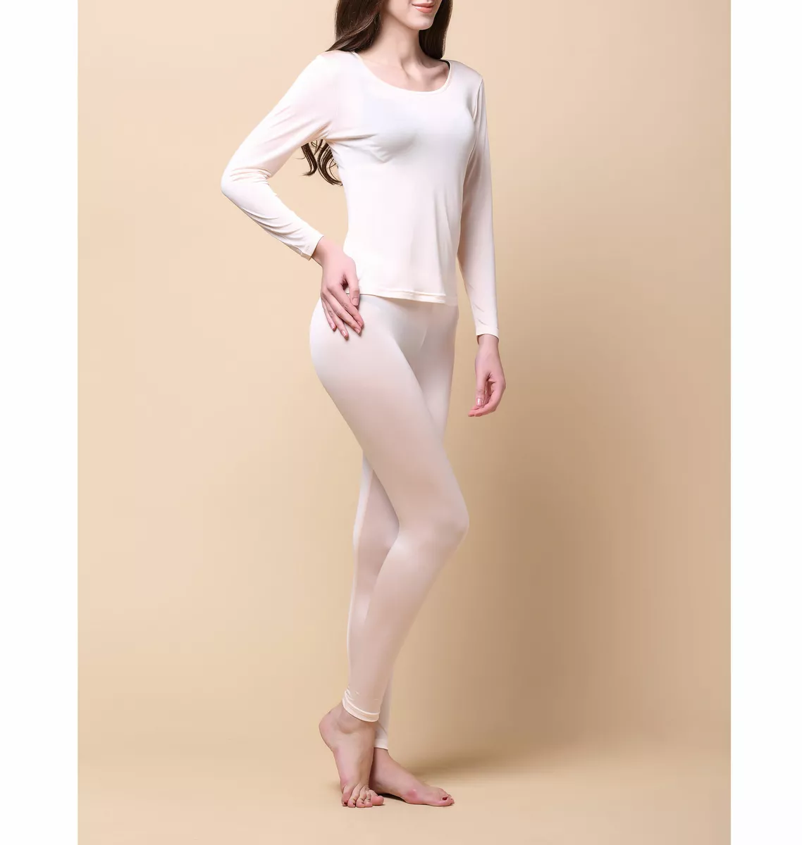 Womens Silk Long Johns Thermal Underwear Top Pants Set Scoop Neck