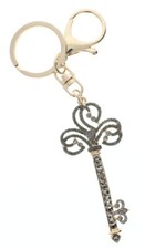 Rhinestone Bling Skeleton Key Gold Tone Key Chain Fob Purse Charm