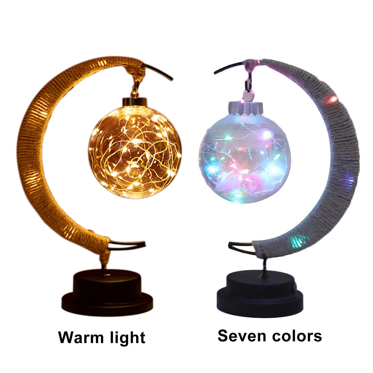 Night Desk Light with Moon Ball Design Hemp Rope Wrought Iron