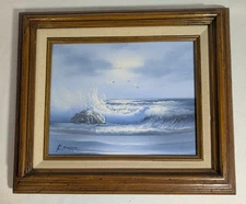 Vintage Canvas Painting Wood Frame Seascape Crashing Waves Signed By Artist 