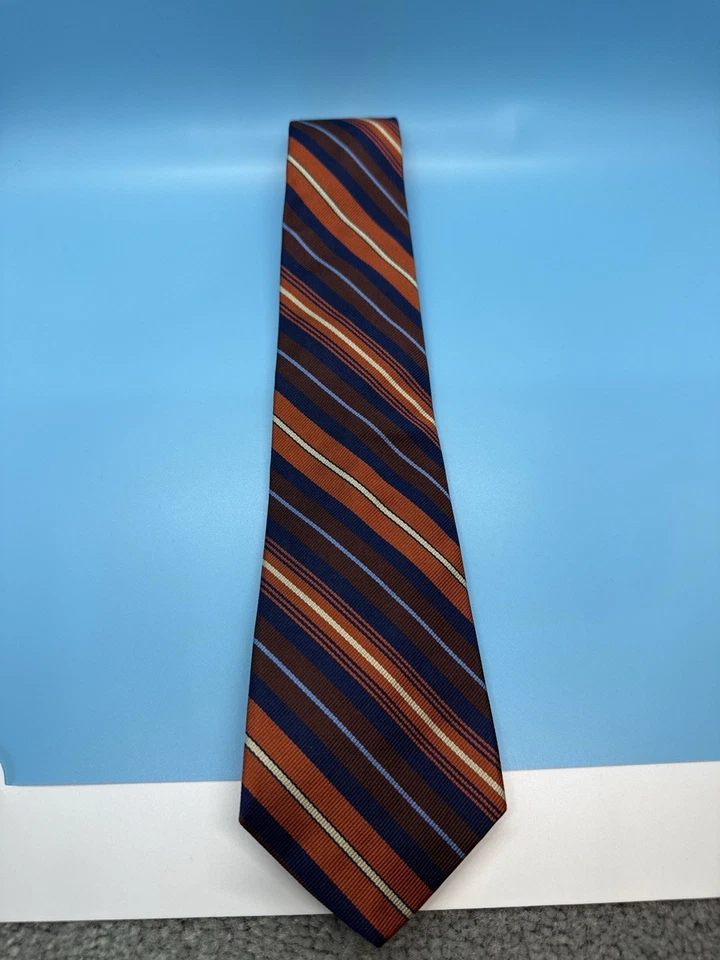 HICKEY FREEMAN BOY'S TIE 100% SILK HANDMADE IN USA Stripes Grey Blue Tan Necktie - Image 2 of 3