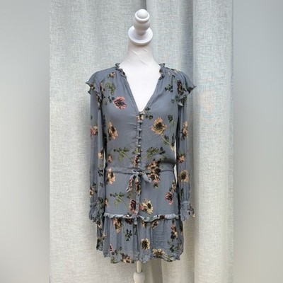 Paige denim blue floral long sleeve silk button down mini dress