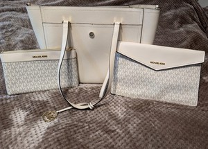 Michael Kors 3-Piece Logo Tote Set White/Gray, Wristlet Pouch, Clutch Wallet