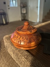 Vintage Hand Carved Wooden Lidded Bowl Floral Design Trinket Box 3.5  Tall