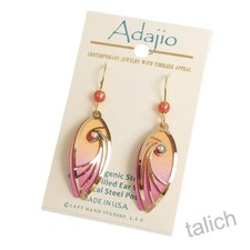 Adajio Earrings Brown and Pink Teardrop with Shiny Gold Tone Swirl Overlay 7782
