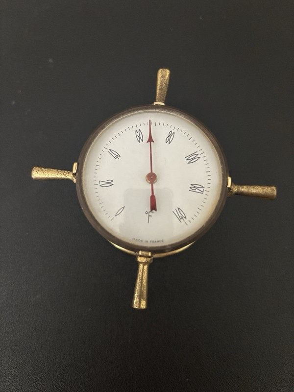 Vtg Marine Thermometer Brass - Made In France Desktop Paperweight Ships Wheel