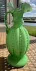 Fenton Green Overlay Beaded Melon 8.5 Inch Pitcher Vase. Original Label.