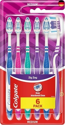 Colgate ZigZag Toothbrush Medium Pack of 6 - Value Pack Toothbrush for Deep