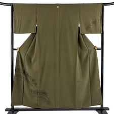 JAPANESE KIMONO TSUKESAGE brown-green 155.5cm 5 ft 1 in PURE SILK AA9662