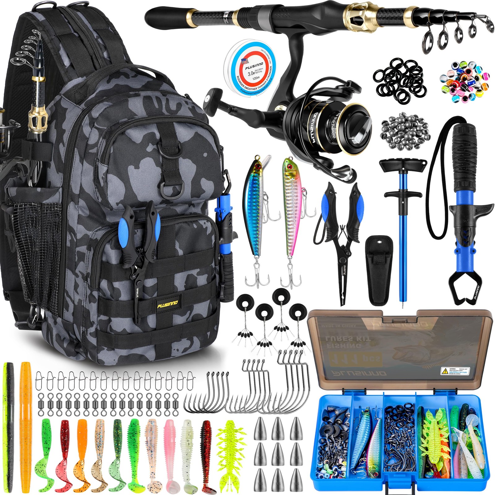 PLUSINNO Fishing Backpack with Rod and Reel Combos Tackle Bl