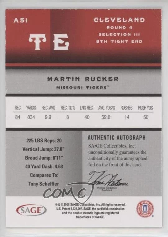 2008 SAGE Auto Silver /400 Martin Rucker #A51 Rookie Auto RC - Image 2 of 2