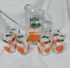 Vintage Juice Pitcher and 6 Glasses - MCM - Oranges, Flowers