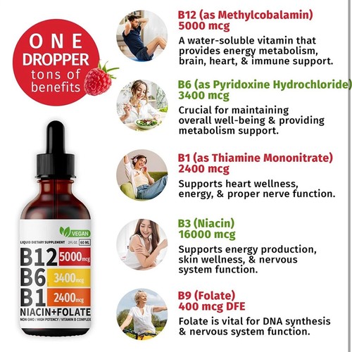1/2 Pack Vitamin B12 Liquid Drops, Vitamin B Complex, Vegan B12 Sublingual 5000 - Foto 10 di 14
