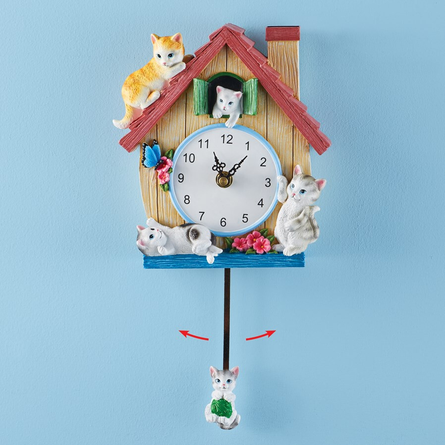 Adorable Playful Kitten Cat Swinging Pendulum Wall Clock Resin Home Decor