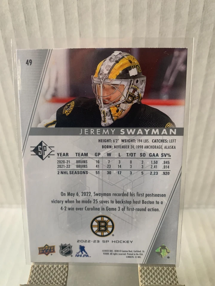 2022-23 SP Authentic Base Jeremy Swayman #49 Boston Bruins - Image 2 of 2