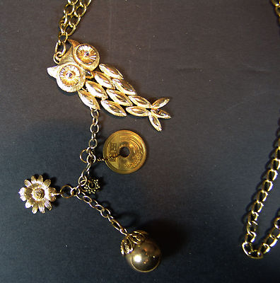 Vintage Articulated Owl Pendant Necklace 31'' Crystal Eyes Found Objects Collage