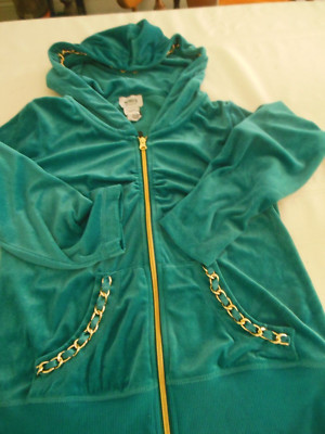 WOMEN'S GREEN GOLD CHAIN DECORATED ZIP FRONT HOODIE