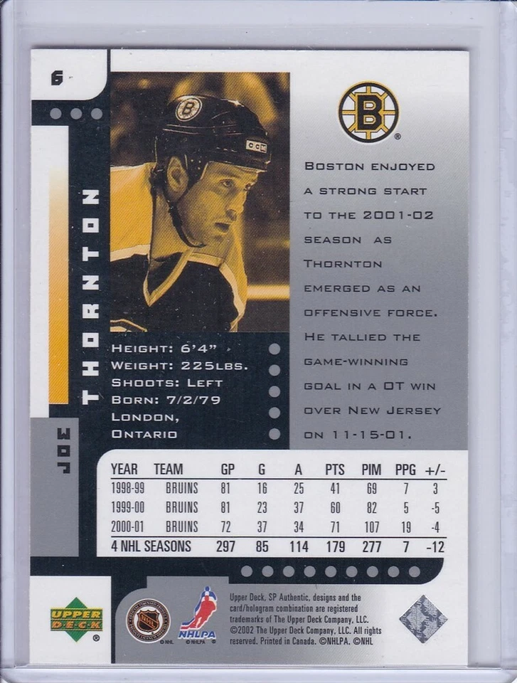 Joe Thornton 2001 SP Authentic Hockey Card 6 Grade MT - Image 2 of 2