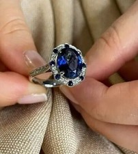 Art Deco Lab Created Blue Sapphire Diamond Antique Engagement Ring In 925 Silver