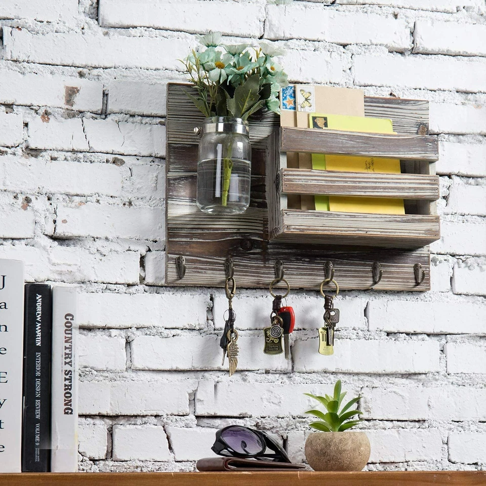 MyGift Wall Mounted Torched Wood Mail Sorter with 6 Key Hooks and Mason Jar Vase - Image 2 of 4