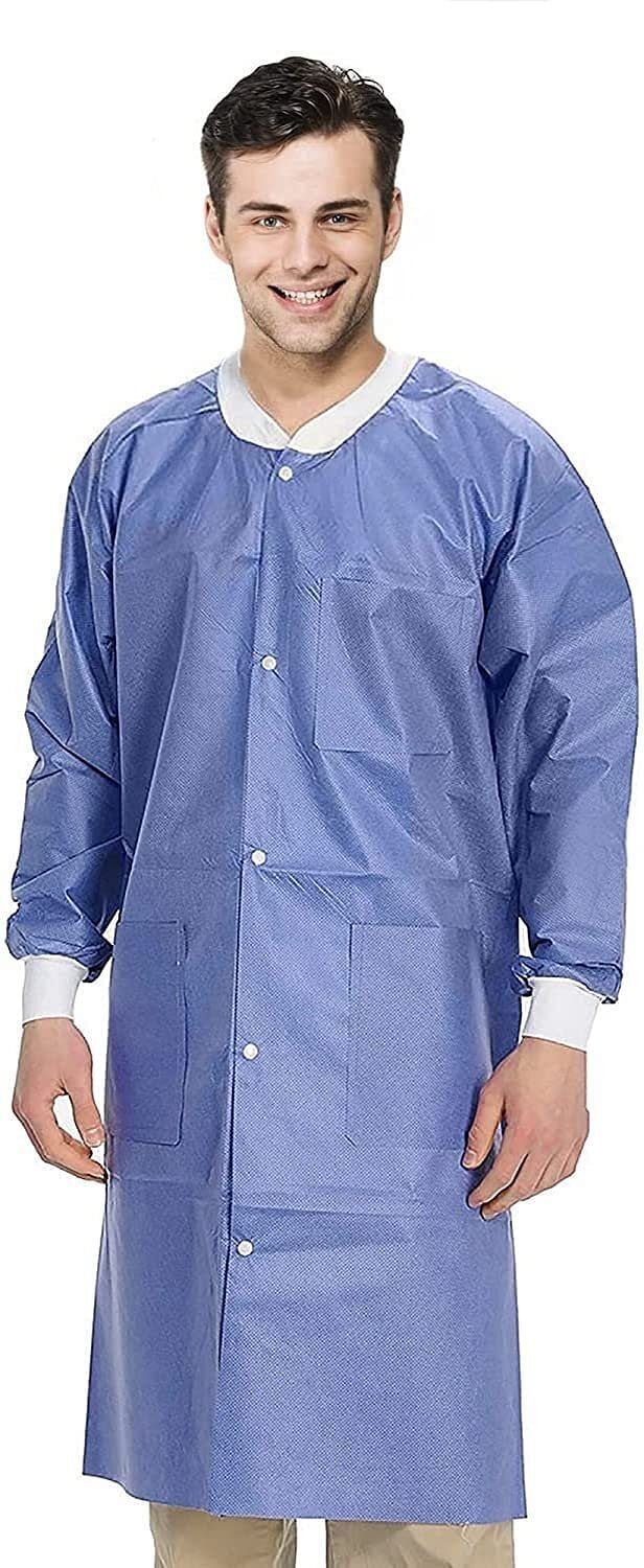 Disposable Lab Coats for Adults, Large. Pack of 10 Blue SMS Knee Length Lab C...