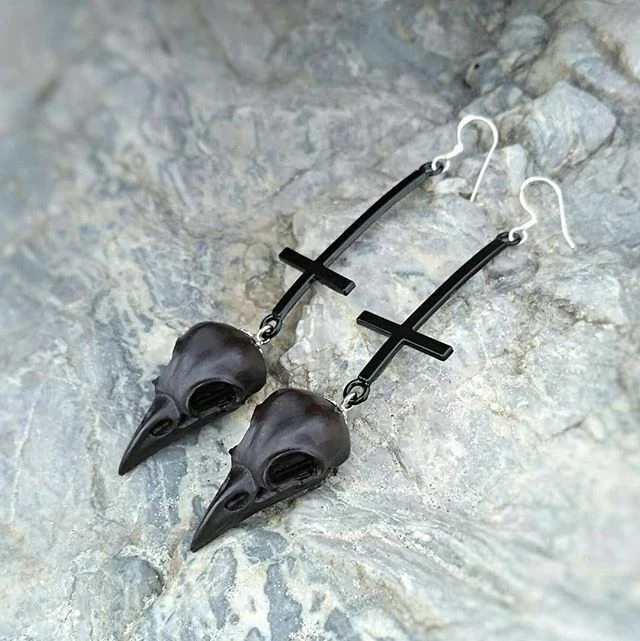Raven Skull Inverted Cross Earrings Gothic Earrings Skull Earrings Witch Earring