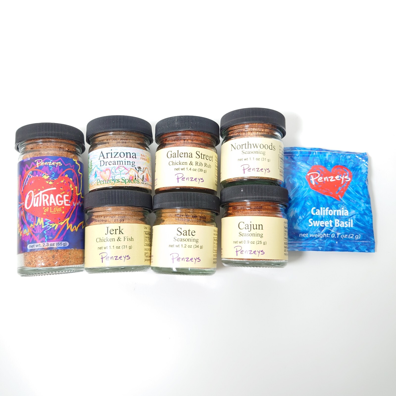 Penzeys Spices 7 SEALED Outrage, Cajun, Sate, Jerk, Northwoods, Arizona