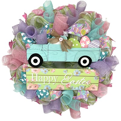 Happy Easter Truck With Pastel Eggs Handmade Deco Mesh Wreath