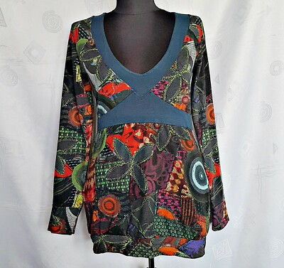AUTHENTIC DESIGUAL LOGO EMBROIDERY FLORAL ART WOMENS BLOUSE TUNIC US 10 EU 38
