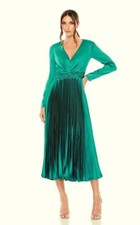 Ieena Mac Duggal Teal Pleated Long Sleeve Satin Midi Dress Size 18 $398