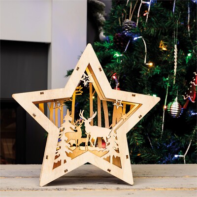 Beleuchtete Weihnachtssternszene aus Holz batteriebetrieben Dekoration Ornament Xmas