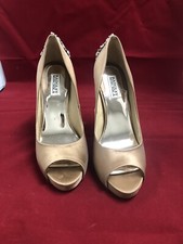 BADGLEY MISCHKA Latte Satin Kiara Embellished Open Peep-Toe Stiletto Pumps SZ 10