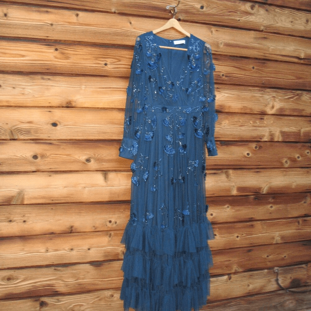 NWT MAC DUGGAL 9256 Mesh Long Sleeve V-Neck Tiered A Line Gown Blue 12 image 6