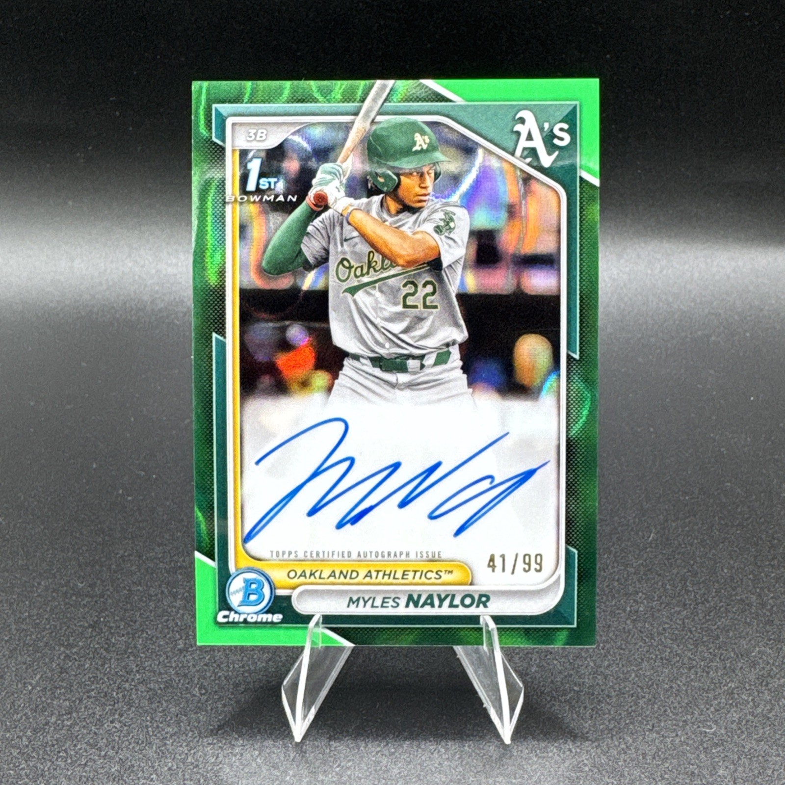 Myles Naylor 1st Bowman AUTO GREEN Refractor 41/99 – 2024 Bowman Chrome A’s