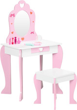 Kids Dressing Table with Mirror and Stool, Vanity Set W/Love Heart and Bow Desi