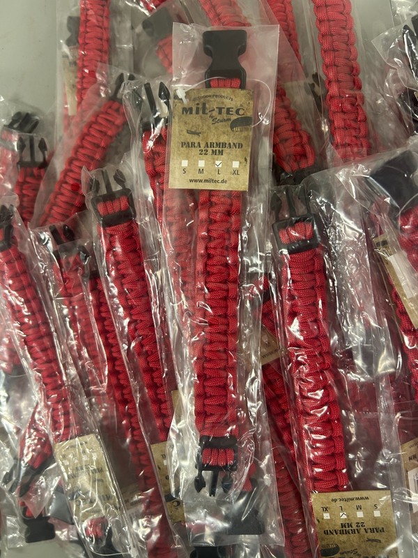 148pcs Mil-Tec Survival Paracord Bracelets | Red | Size: Large | Bulk