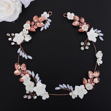 Rose Gold Crystal Hair Vine Flower Leaf Wedding Headpiece for Brides Women