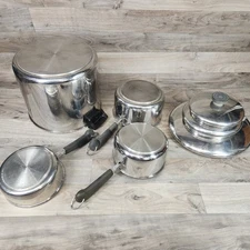 Vintage REVERE WARE 1801 Stainless Steel Disc Bottom 7PC Cookware Set Pot Pans