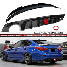 For 18-24 Infiniti Q50 Gloss Black PSM Style Rear Bumper Diffuser & Rear Spoiler