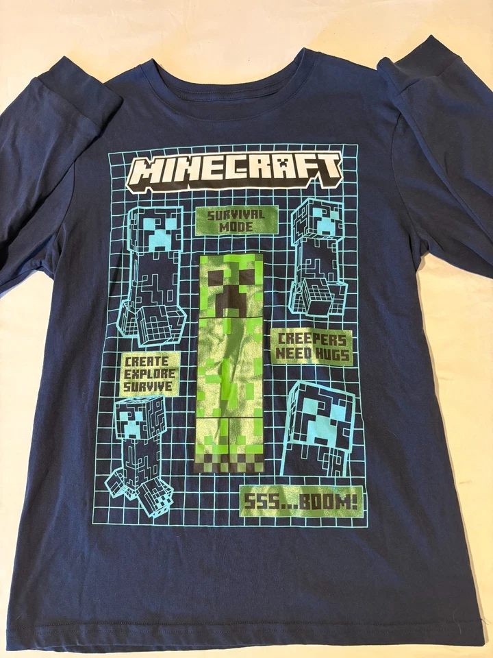 Minecraft Creeper Shirt Boys XL 18/20 Long Sleeve Survival Mode Blue Mojang Game - Image 2 of 4