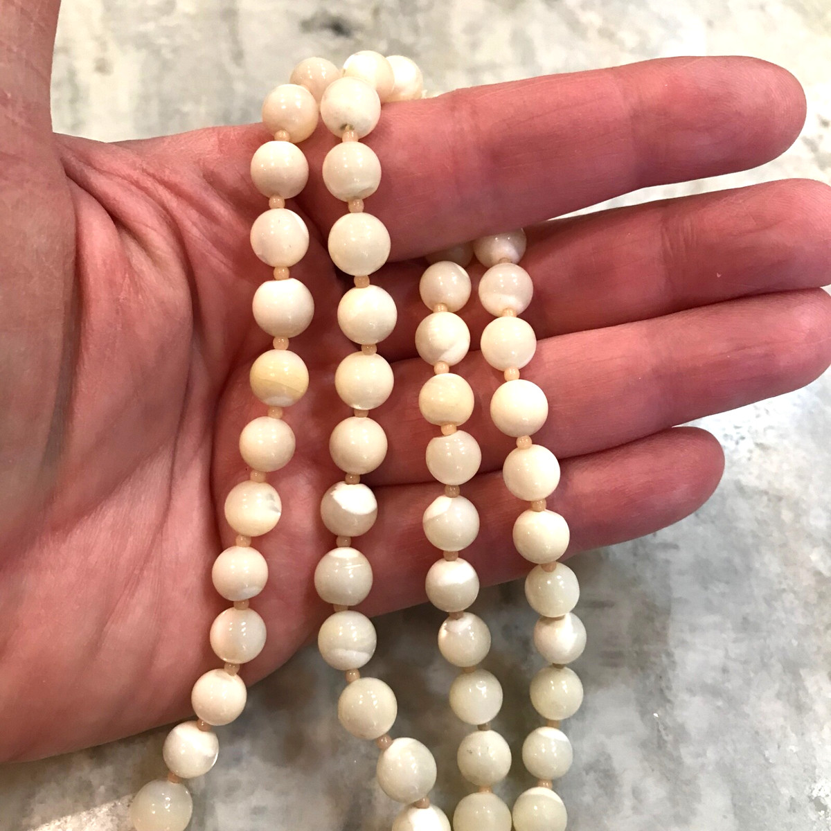 VTG Polished Mother of Pearl Strand Necklace 9mm MOP knotted Shiny Balamuti 26” View 4
