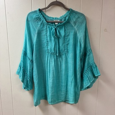 Spense Turquoise Boho Gauzy Fabric Blouse MEDIUM Ruffle Autumn Coastal Artsy