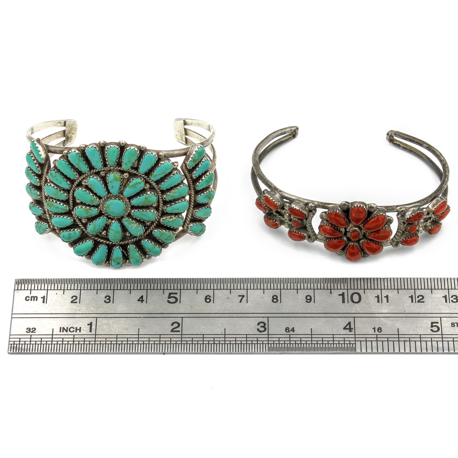 Issue With Patterns Southwest Signed Sterling Turquoise Red Coral Petit Point Cuff Lot of 2 ...