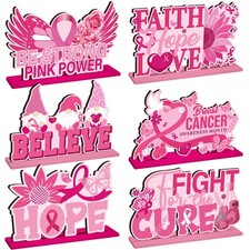 6 Pcs Breast Cancer Awareness Table Decor, Pink Ribbon Wood Signs