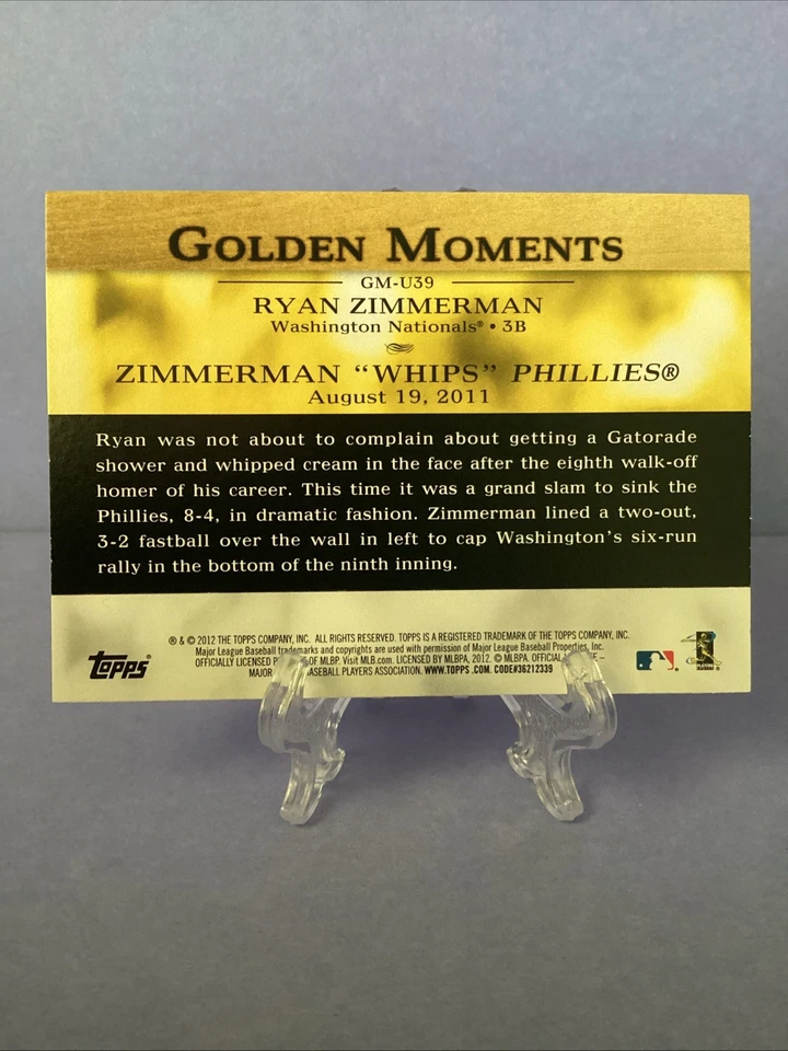 2012 Topps Update Golden Moments #GMU39 Ryan Zimmerman INSERT - Image 2 of 2