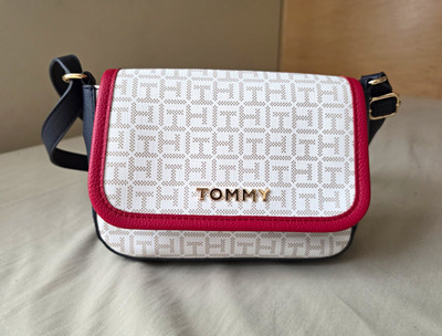Tommy Hilfiger Beige Monogram Small Crossbody Bag Red Trim Gold Hardware