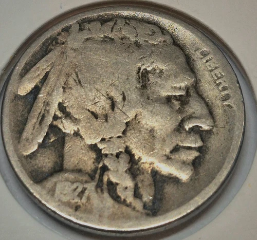 1927 Denver Buffalo Nickel Low Mint Readable Date Partial Horn Fine Features 5C